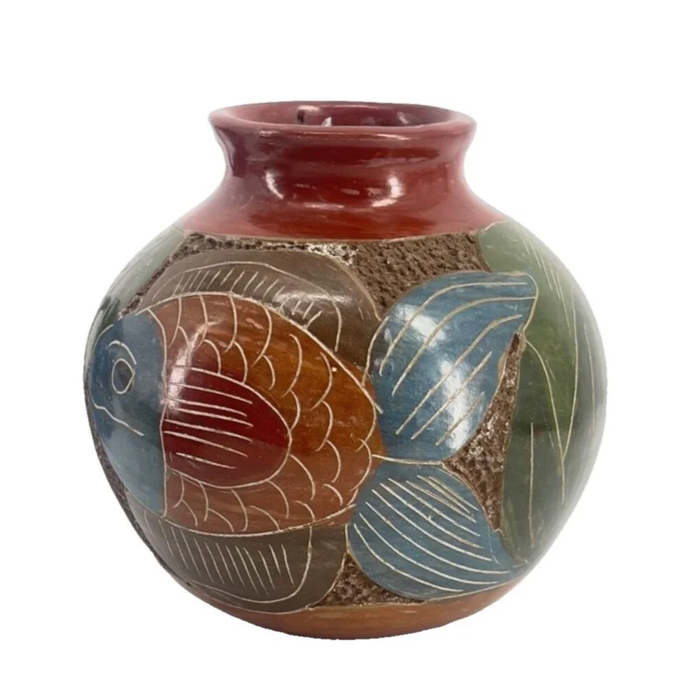 Nicaraguan Small Vase Carved Pottery Ceramic Central American Fish Theme Deco